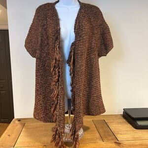 PREMISE Medium Wool Blend Brown Multi Colored Speckled Fringe Metal Neck Detail